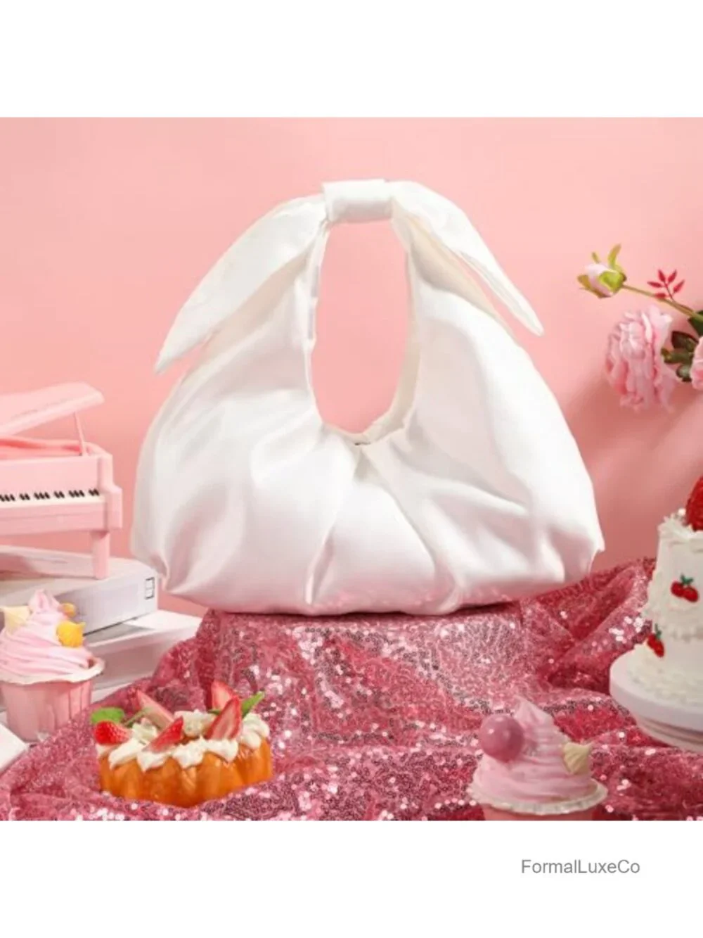 Satin Bow Clutch Evening Bag Ruched Handbag, Wedding Purse, Bridesmaid Gift